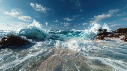 A dramatic scene of waves crashing against rocky shores captures the immense power of the ocean, showcasing nature's raw beauty and its continuous dance with the land.