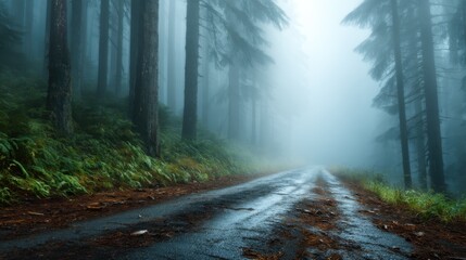 Obraz premium A serene and mysterious mist envelops a forest pathway, creating an enchanting atmosphere that invites exploration and contemplation in nature's quiet moments.