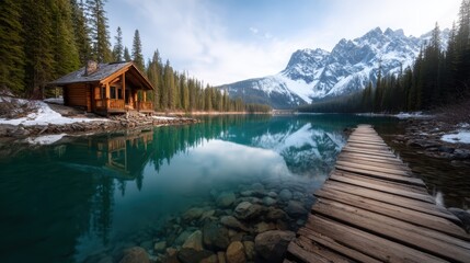 Fototapeta premium A breathtaking view of mountains reflecting off a tranquil lake, surrounded by lush forests, capturing the beauty of nature in its purest form in a peaceful setting.