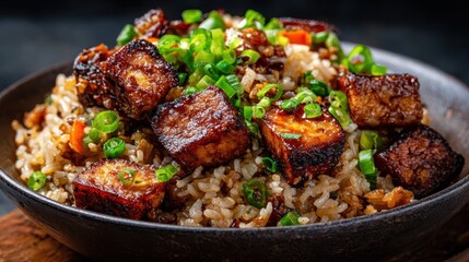 A mouthwatering plate of fried rice topped with perfectly crispy tofu cubes and vibrant green onions creates an inviting dish full of flavor and texture.