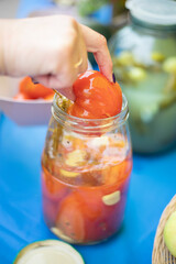 Pickled vegetables in a glass jar. Waxes salted in water. Harvest from the village.