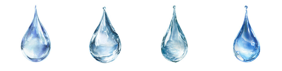 Watercolor Water Droplet Collection, Pure Liquid, Hydration, Refreshment, Clear Blue and White Tones, Isolated PNG set Transparent backround