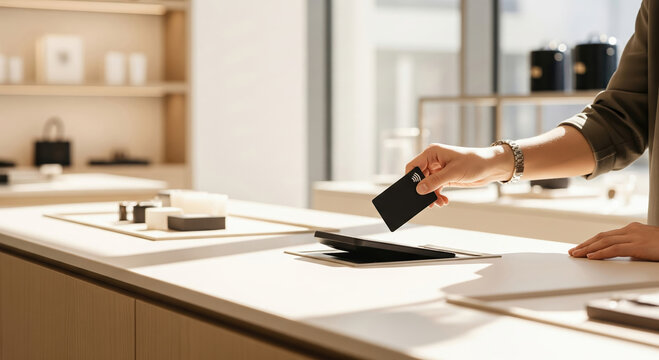 Modern contactless payment with credit card in stylish retail store interior under natural sunlight, showcasing seamless shopping technology and minimalistic design