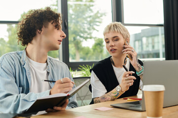 Collaboration in a bright office setting showcases youth engaged in productive work