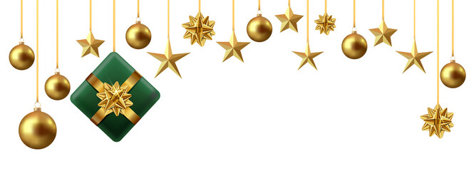 Christmas banner with gift, bow, stars and christmas balls	