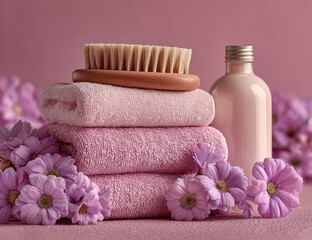 Pink towels, brush, and lotion, surrounded by flowers