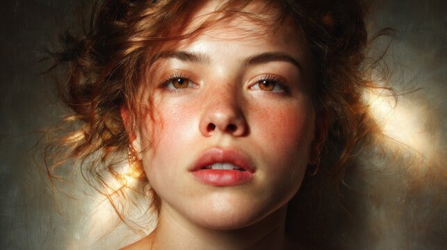 A captivating portrait of a woman with curly hair, glowing skin, and expressive eyes, capturing the raw beauty and emotion that radiates from her serene expression.