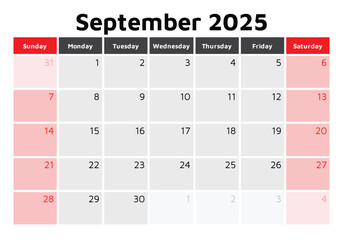 2025 september calendar. A vector English autumn monthly calendars. Design Sunday start