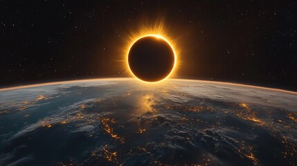 Obraz premium Total Solar Eclipse Viewed from Space with Earth's Surface and Stars in Background 