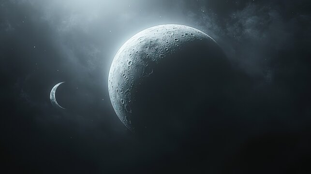 Two Celestial Bodies in Space: Large Pock - Marked Moon and Small Crescent Moon