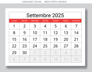 Italian calendar for september 2025 - calendario settembre. Autumn month paper page. Vector illustration design Italy