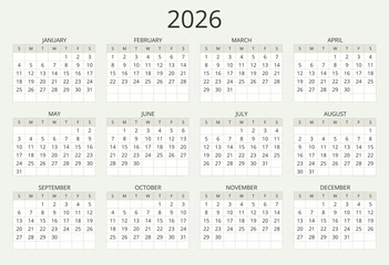 Year 2026 english modern vector calendar 12 months (week starts sunday)