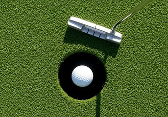 A golf putter rests above a white golf ball positioned in the cup of a putting green.