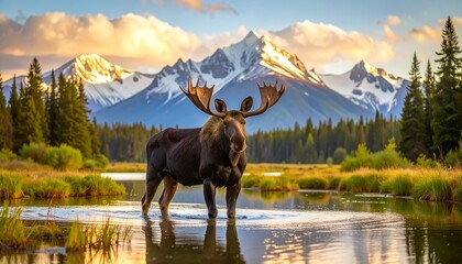 Naklejka premium Majestic Moose Amidst Breathtaking Scenery A Stunning View of Nature's Beauty and Wilderness
