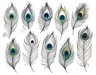 Obraz premium Collection of detailed peacock feather illustrations