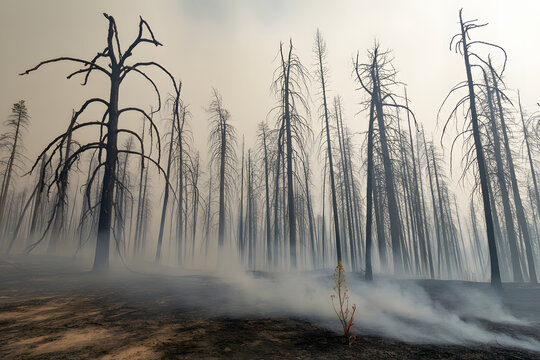 Burned forest with smoke and dead trees fire