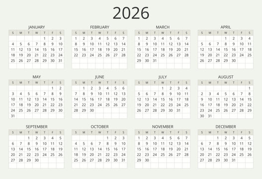 Year 2026 english modern vector calendar 12 months (week starts sunday)