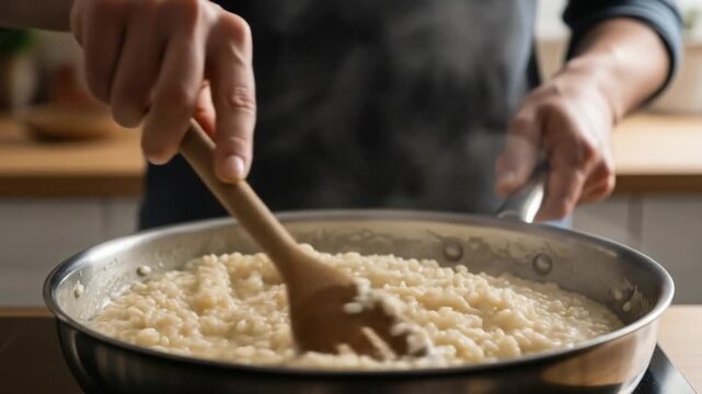 Cooking creamy risotto in a stainless steel pan, with steam rising in a cozy kitchen setting