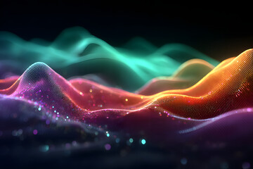 Dynamic audio equalizer visualization with neon specrum waves and pulsating rhthmic patterns for music idustry applications