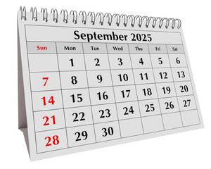 September 2025 calendar. Page of annual business desk month autumn calendar isolated on transparent