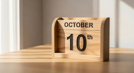 A wooden calendar showing the date october tenth on a surface with a neutral background indoors on transparent background
