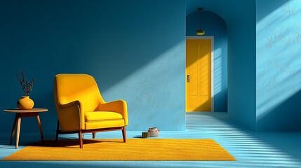 Modern Blue Living Room Interior with Yellow Armchair and Carpet, HD 3D Rendering Top View, Bright Minimalist Design