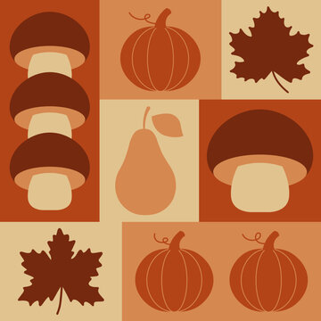 Geometric autumn seamless design mushrooms pumpkins leaf