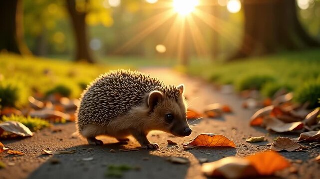 Adorable little hedgehog exploring a sunlit path in an autumn forest with fallen leaves and warm evening light