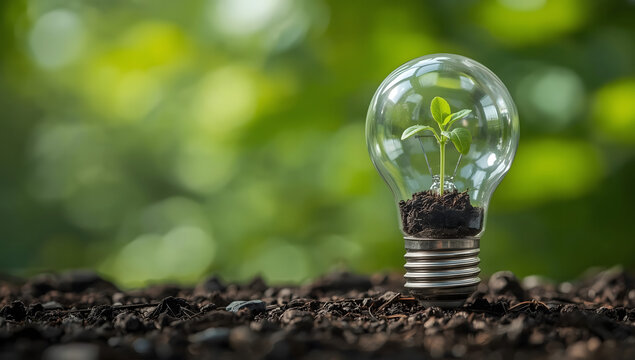 light bulb with a plant sprout symbolizing clean environmentally sustainable practices, renewable energy concept and innovation