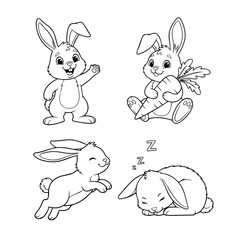 Cute Bunny Line Art: Whimsical line art of adorable bunnies in various poses, including sitting, running, holding a carrot, and sleeping. This charming artwork evokes feelings of joy and playfulness.