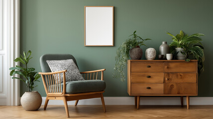 Living room with green painted wall, wooden sideboard, chair, and plants. AI generated