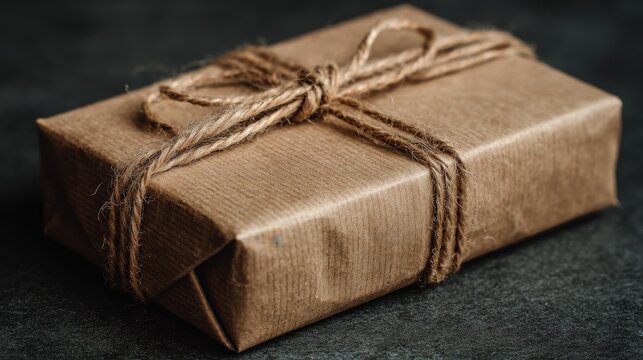 Small Brown Kraft Paper Gift Wrapped with Jute String on Dark Surface.