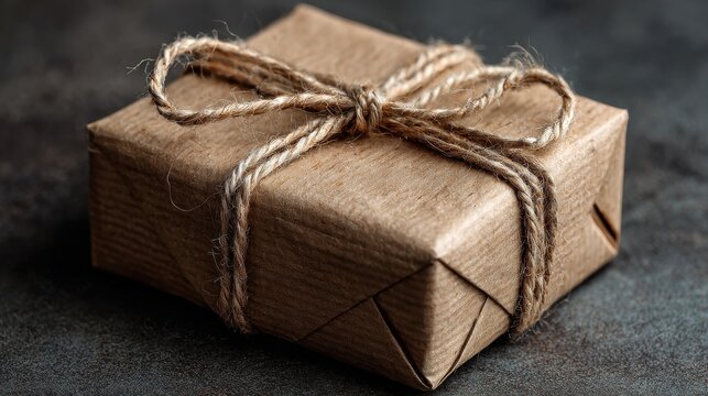 Small Brown Kraft Paper Gift Wrapped with Jute String on Dark Surface.