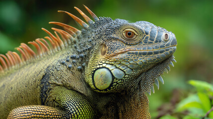 Close-up of iguana with detailed textured scales on natural green background. AI generated