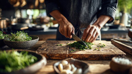 Chef chopping fresh herbs on rustic wooden cutting board in cozy kitchen with natural light and organic ingredients, preparing gourmet meal with authentic culinary atmosphere