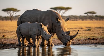 Fototapeta premium Rhino and Calf A Gentle Moment by the Water, wildlife photography