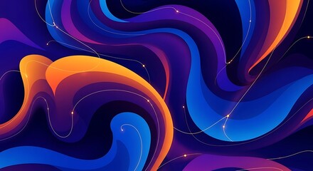 Dynamic abstract background with flowing blue, purple, and orange waves, accented by glowing lines.