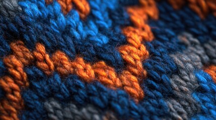 Close-up of vibrant knit fabric, with orange, blue, and gray yarn