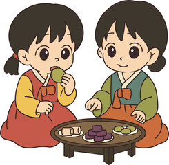 한국 전통 명절 추석을 맞이하여 한복을 입은 아이들