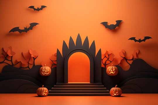 Halloween with podium backdrop anthropomorphic jack-o'-lantern architecture. - Powered by Adobe
