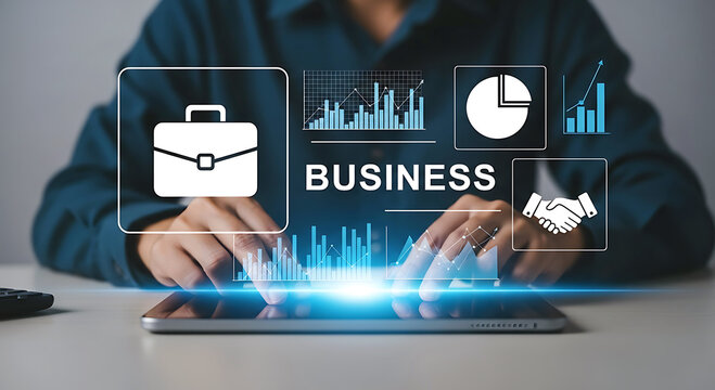 Person using a tablet with glowing business analytics and icons