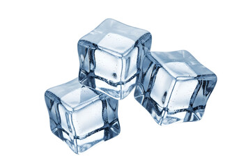 Three clear ice cubes isolated on transparent background