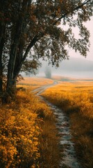 Misty autumn path through golden field