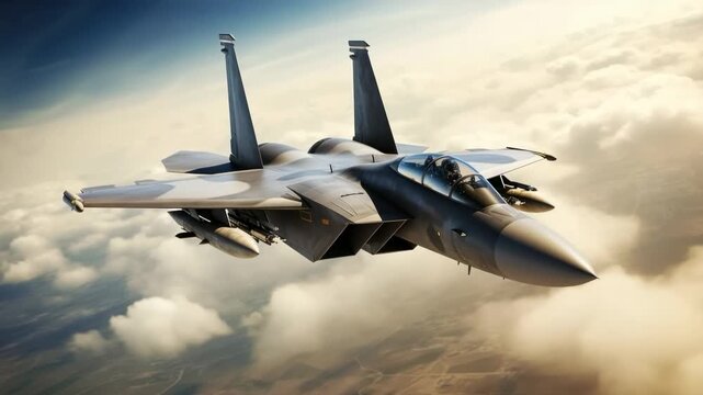 F-15 fighter jet soaring through the clouds during training exercise over vast terrain