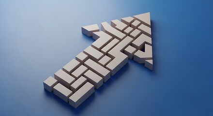 A stylized, upward-pointing arrow, constructed from interlocking, light gray blocks, sits against a smooth, deep blue background, creating a modern and dynamic design element.