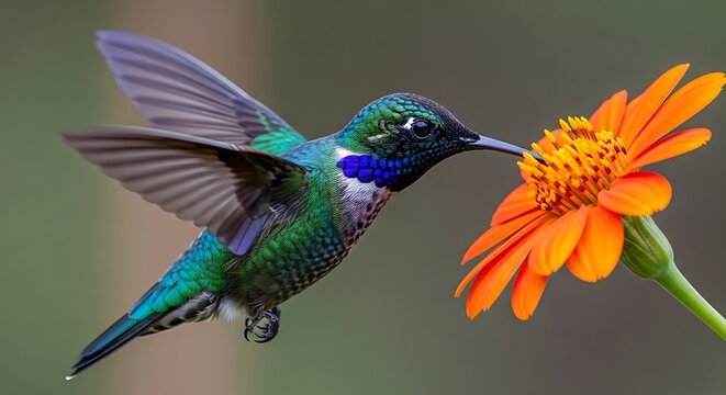 A beautiful iridescent hummingbird feeding on a vibrant orange flower, capturing the delicate beauty of nature