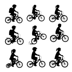 Silhouette of cyclists riding vintage bicycles in a vector design