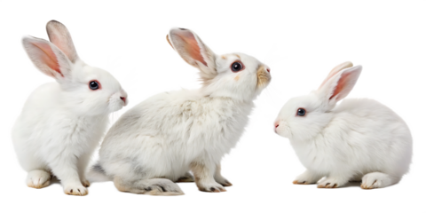Three pure white baby rabbits with pink ears sitting on a white background bunny animal isolated on a transparent background