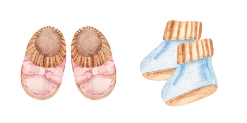 Baby Shoes Set for Boy and Girl. Hand drawn watercolor illustration of Booties for Kids isolated on a white background. Cute Infant footwear clipart for invitations, Gender party, Baby shower