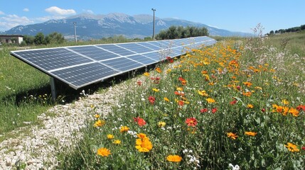 Solar panels in a field of wildflowers under a clear blue sky